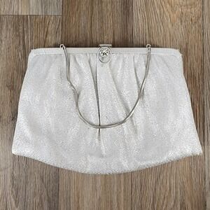 Ande Vintage Silver Metallic Evening Clutch Rhinestone Clasp Snake Chain Bag